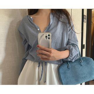 Round-neck Tie-hem Checked Blouse