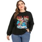 Plus Size Long Sleeve Chinese Character & Fish Print T-shirt