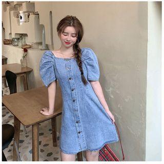Puff-sleeve Buttoned Denim A-line Mini Dress