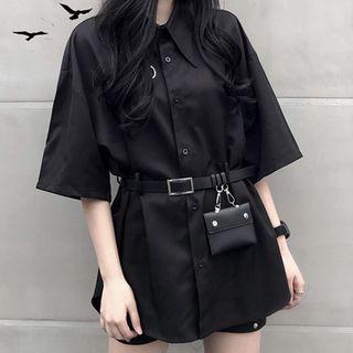 Short-sleeve Pointy-collar Button-down Shirt With Belt