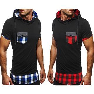 Short-sleeve Hooded Plaid Panel Top
