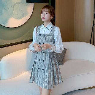 Double-breasted Plaid Mini A-line Pinafore Dress