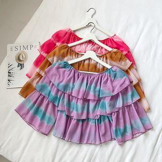 Off-shoulder Color-block Chiffon Crop Top