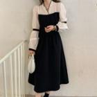 Long-sleeve Frill Trim Two-tone Midi A-line Dress Black - One Size