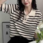 Knitted Striped Cropped Polo-shirt Black & White Striped - One Size