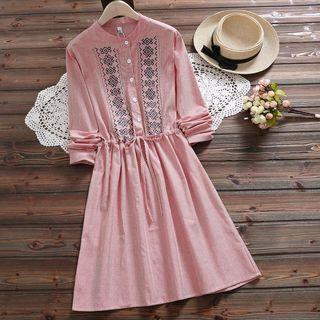 Long-sleeve Embroidered Striped A-line Midi Dress