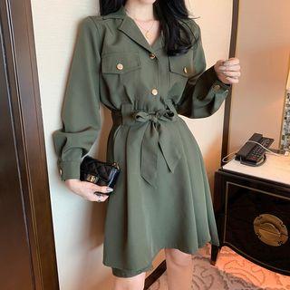 Tie Waist Long-sleeve A-line Collared Dress