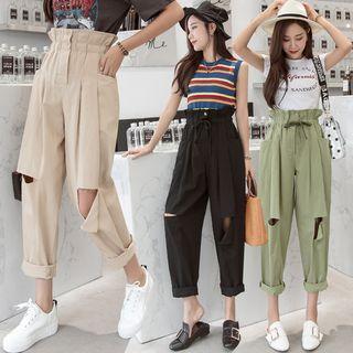 High Waist Distressed Cropped Pants