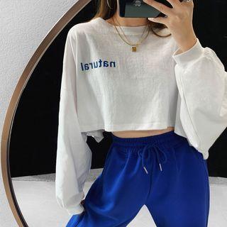 Long-sleeve Loose-fit Printed Cropped T-shirt White - One Size