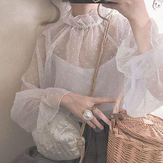 Set: Dotted Balloon-sleeve Mesh Top + Camisole