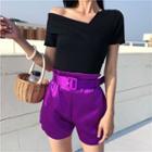 Short-sleeve Asymmetrical Top / Paperbag Waist Shorts With Belt