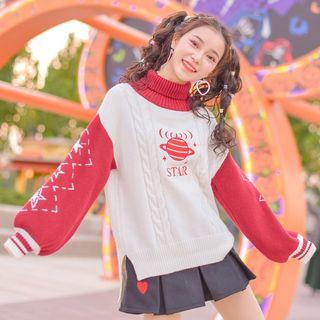 Planet Embroidered Mock Neck Sweater