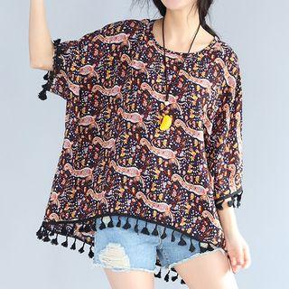 Printed Tasseled 3/4 Sleeve Top