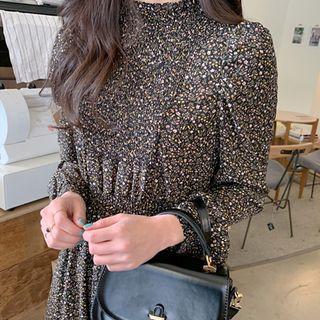 Frilled-neck Smocked Long Floral Dress