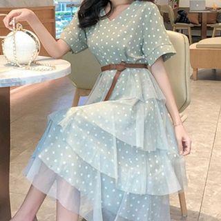 Polka Dot V-neck Short-sleeve Panel Mesh Dress