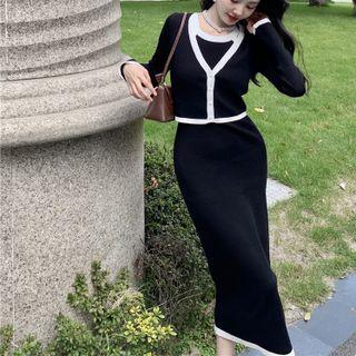 Set: Contrast Trim Cardigan + Spaghetti Strap Midi Sheath Dress