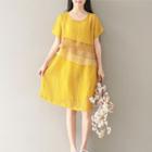 Set: Short-sleeve Color Block A-line Dress + Slipdress