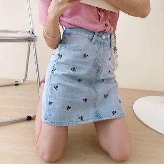 Heart Embroidered Washed Denim Mini Pencil Skirt
