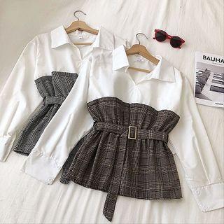 Mock Two-piece Plaid Panel Peplum Blouse