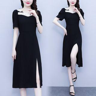 Short-sleeve Lace Panel Slit A-line Dress