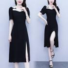 Short-sleeve Lace Panel Slit A-line Dress