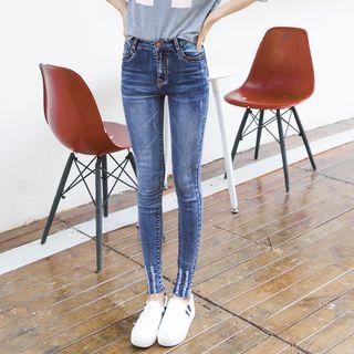 Raw Hem Side Slit Skinny Jeans