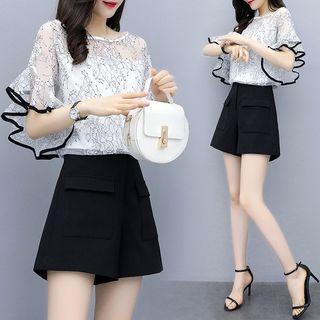 Set: Elbow-sleeve Lace Top + High-waist Shorts