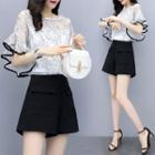 Set: Elbow-sleeve Lace Top + High-waist Shorts