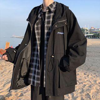 Lettering Drawstring Hooded Zip Jacket