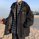 Lettering Drawstring Hooded Zip Jacket