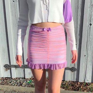 Ruched Ruffle-trim Bow Detail Mesh Mini Skirt