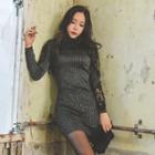 Turtleneck Lace Panel Knit Mini Bodycon Dress Black - One Size