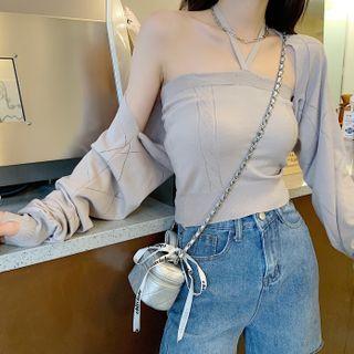 Halter-neck Knit Camisole Top / Cropped Cardigan / Straight Leg Jeans / Set