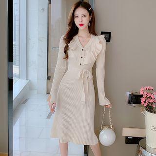 Long-sleeve V-neck Asymmetrical Ruffle Tie-strap Knit Dress