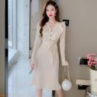 Long-sleeve V-neck Asymmetrical Ruffle Tie-strap Knit Dress