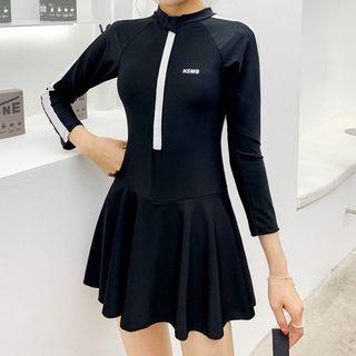 Striped Long-sleeve Swim Dress