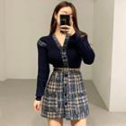 Set: V-neck Tweed Paneled Long-sleeve A-line Dress + Chain Belt