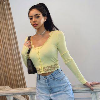 Scoop-neck Lace-trim Cropped Cardigan
