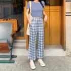 Plain Short-sleeve Top / Plaid Straight Fit Pants