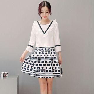 Set: Ruffle Blouse + Patterned A-line Skirt