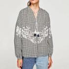 Floral Embroidered Long-sleeved Cover-up Gingham Plaid Top