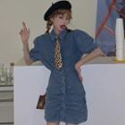 Short-sleeve Single-breasted Ruched Denim Mini Sheath Shirtdress