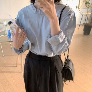 Plain Long-sleeve Blouse / Straight-cut Dress Pants