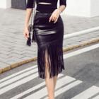 Fringe Faux Leather Fitted Skirt