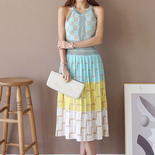 Halter-neck Jacquard Midi A-line Knit Dress As Shown In Figure - One Size