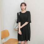 Frilled Elbow-sleeve Shirred Shift Dress