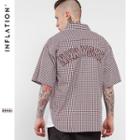 Letter Embroidered Back Plaid Elbow Sleeve Shirt