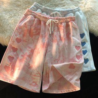 Heart Embroidered Tie-dye Print Sweatshorts