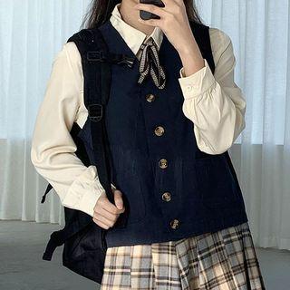 Patterned Bow Shirt / V-neck Buttoned Vest