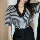 V-neck Elbow Sleeve Cutout Striped Top As Shown In Figure - One Size